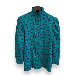 Vintage Jeanne Marc Funky Fall Leaves Victorian Collar Wool Blouse Petite